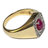 Vintage 1980's Genuine Diamond & Lab Created Star Ruby 14 Karat Yellow Gold Octagon Men's Ring