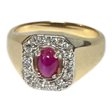 Vintage 1980's Genuine Diamond & Lab Created Star Ruby 14 Karat Yellow Gold Octagon Men's Ring
