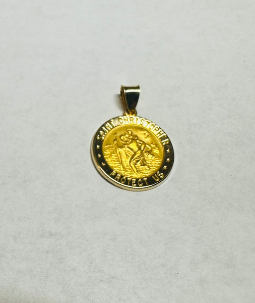 14K Yellow Gold Round Hollow Saint Christopher "PROTECT US" 18mm Medal