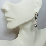 Sterling Silver Genuine Diamond with White and Gray Freshwater Pearls Dangle Lever Back Earrings
