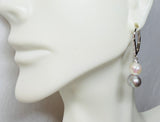 Sterling Silver Genuine Diamond with White and Gray Freshwater Pearls Dangle Lever Back Earrings
