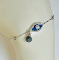 Sterling Silver Genuine 4mm Azabache Jet and Cubic Zirconia Blue Enameled Evil Eye 7" Cable Link Station Bracelet