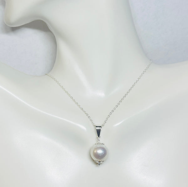 Sterling Silver Genuine Round 11mm White Freshwater Pearl Pendant with 18" Silver Cable Link Chain