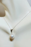Sterling Silver Genuine Round 11mm White Freshwater Pearl Pendant with 18" Silver Cable Link Chain