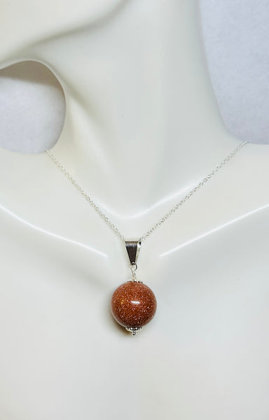 Sterling Silver 16mm Brown Goldstone "Venturina" Pendant (available with 18" Cable Link Chain)