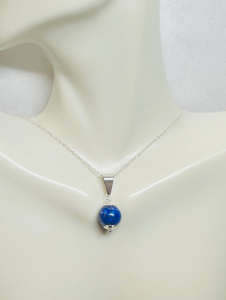Sterling Silver Genuine 10mm Lapis Lazuli Pendant with 18" Cable Link Chain