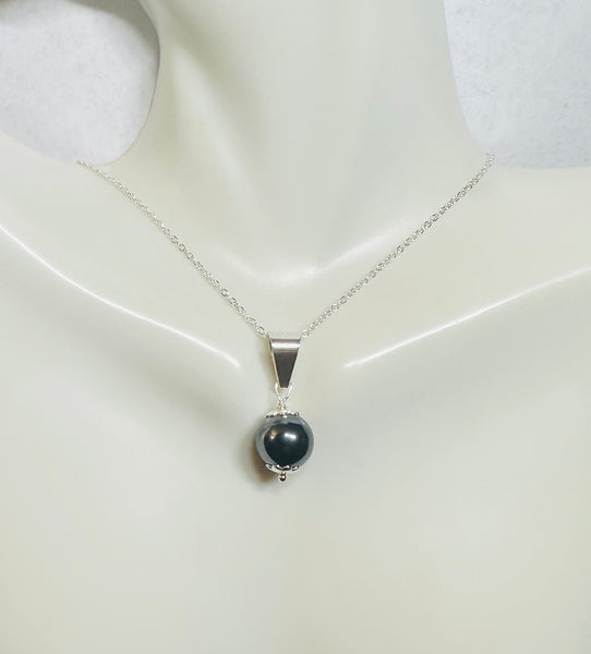 Sterling Silver Genuine 10mm Hematite "Acerina" Pendant with 18" Cable Link Chain