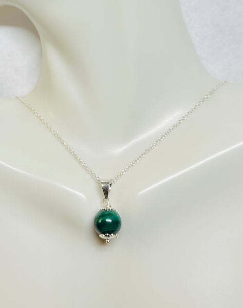 Sterling Silver Genuine 10mm Malachite Bead Pendant with 18" Cable Link Chain