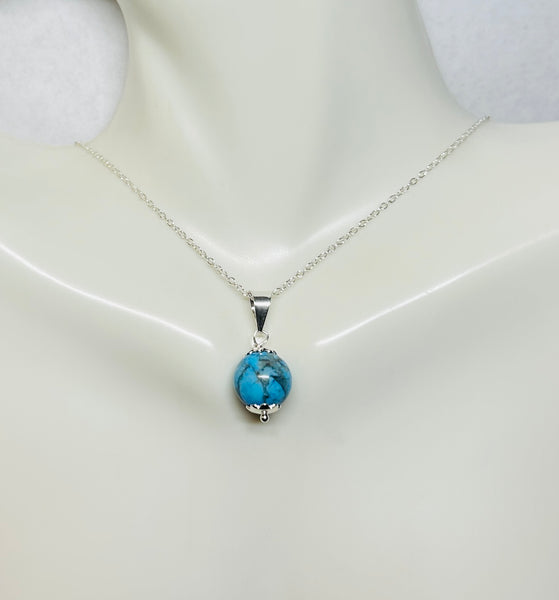 Sterling Silver 10mm Howlite Turquoise Bead Pendant with 18" Cable Link Chain