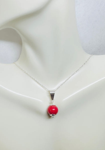 Sterling Silver 10mm Dyed Red Dolomite Bead Pendant with 18" Cable Link Chain