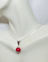 Sterling Silver 10mm Dyed Red Dolomite Bead Pendant with 18" Cable Link Chain