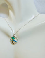 Sterling Silver Palm Tree & Island of Cuba Enameled Charm with 18" Cable Link Chain (Made in USA)