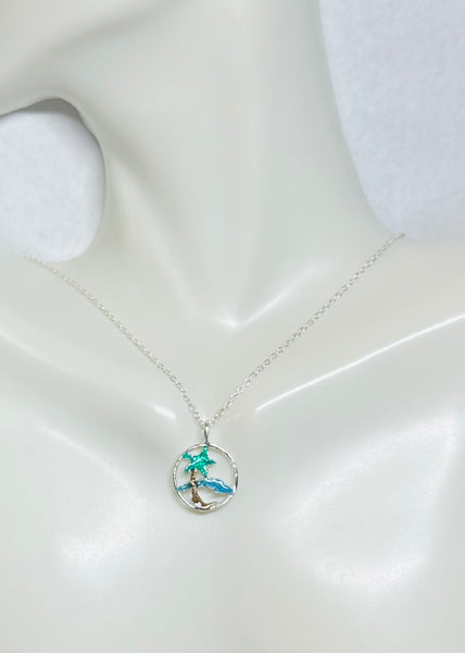 Sterling Silver Palm Tree & Island of Cuba Enameled Charm with 18" Cable Link Chain (Made in USA)