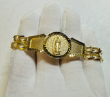 18 Karat Yellow Gold-plated Sterling Silver Double Strand Figaro Link Our Lady of Guadalupe ID Bracelet (3 widths available)