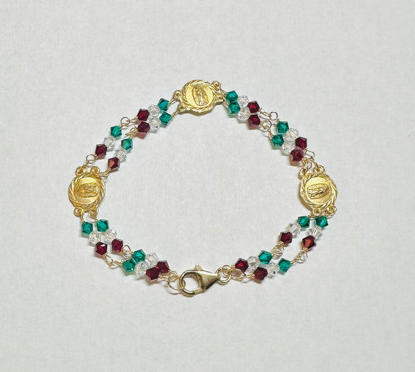 14 Karat Yellow Gold Filled Our Lady of Guadalupe with Tri-color Swarovski Crystal Bracelet