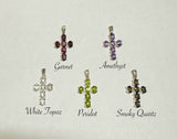 Sterling Silver Genuine Oval 6 x 4mm Semi-Precious Gemstones Cross w18" Chain (Amethyst, White Topaz, Garnet, Peridot, Smoky Quartz)