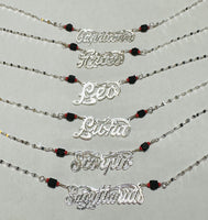 Sterling Silver & Genuine 4mm Azabache Jet Zodiac Script Nameplate 17" Fancy Wave Link Necklace