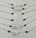 Sterling Silver & Genuine 4mm Azabache Jet Zodiac Script Nameplate 17" Fancy Wave Link Necklace