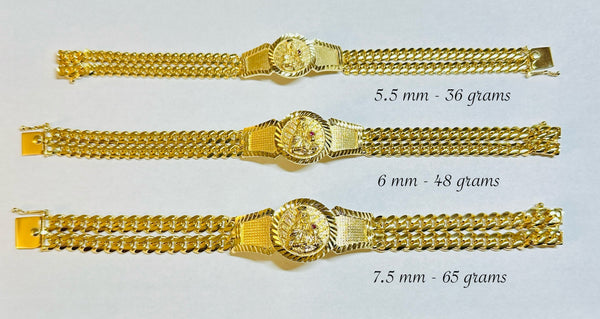 18K Yellow Gold-plated Sterling Silver Double Strand Miami Cuban Link Saint Barbara "Santa Barbara" ID Bracelet (3 widths available)