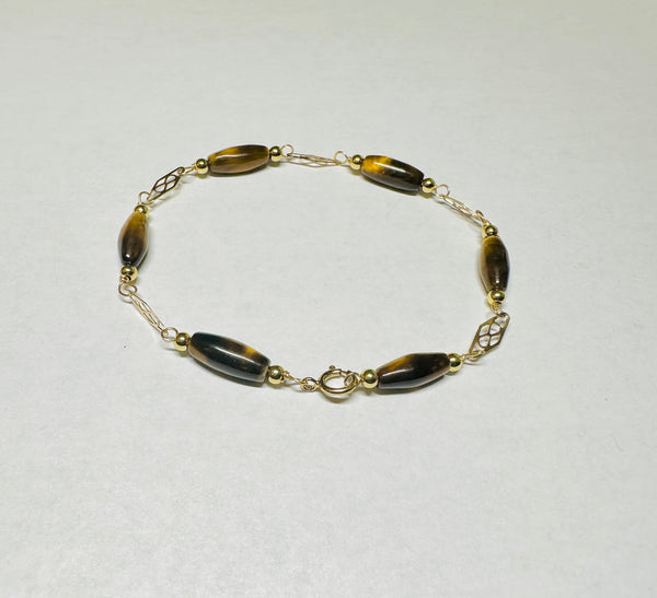 14K Yellow Gold Filled Genuine 12 x 5mm Barrel-cut Tiger's Eye Beads 7.5" Plaque Bracelet