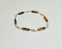 14K Gold Filled Genuine 12 x 4mm Round Barrel Tiger's Eye Beads 7 3/4" Plaque Bracelet