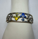 Sterling Silver Gold and Blue Enameled Fleur-de-lis Open Cuff Bangle