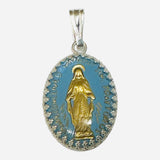 Sterling Silver 25 x 18mm Miraculous Virgin Mary Glass Crystal Painting with Carved Intaglio Oval Pendant