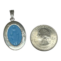 Sterling Silver 25 x 18mm Miraculous Virgin Mary Glass Crystal Painting with Carved Intaglio Oval Pendant