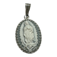 Sterling Silver Our Lady of Guadalupe Oval 25 x 18mm White/Blue Resin Cameo Pendant