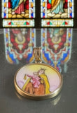 10 Karat Yellow Gold Our Lady of Mount Carmel and Sacred Heart of Jesus Painted Porcelain Scapular Medal