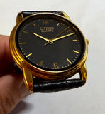 Vintage NOS 1990's Citizen Quartz Unisex Watch, Caliber 6031, 30mm Case, 17mm Genuine Black Leather Band