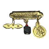 10Kt Gold God Bless Me with Genuine Azabache, Guardian Angel & Saint Lucia Eyes Baby Pin