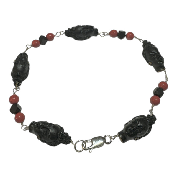 Blackamoor & Genuine Azabache Jet and Faux Coral Sterling Silver Bracelet