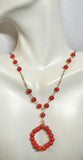 10 Karat Yellow Gold and Simulated 5mm Red Coral 18" Figaro Link Necklace with Hanging Coral Pendant