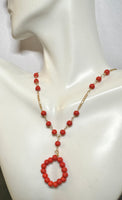 10 Karat Yellow Gold and Simulated 5mm Red Coral 18" Figaro Link Necklace with Hanging Coral Pendant