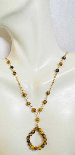 10 Karat Yellow Gold and Genuine 4.5mm Tiger's Eye Beads 18" Figaro Necklace with Hanging Tiger's Eye Pendant