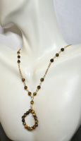 10 Karat Yellow Gold and Genuine 4.5mm Tiger's Eye Beads 18" Figaro Necklace with Hanging Tiger's Eye Pendant