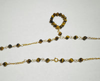 10 Karat Yellow Gold and Genuine 4.5mm Tiger's Eye Beads 18" Figaro Necklace with Hanging Tiger's Eye Pendant