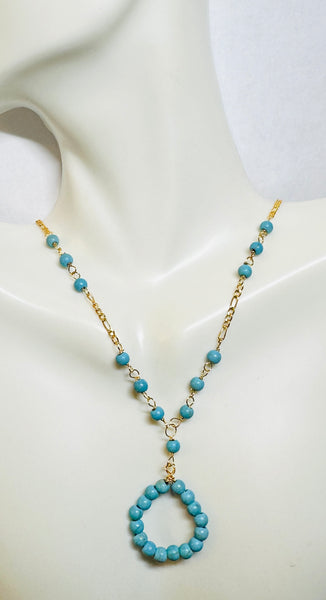 10 Karat Yellow Gold and 4mm Turquoise Beads 17" Figaro Link Necklace with Hanging Turquoise Pendant