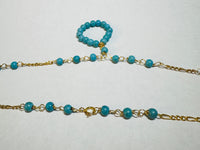 10 Karat Yellow Gold and 4mm Turquoise Beads 17" Figaro Link Necklace with Hanging Turquoise Pendant