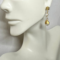 14 Karat Yellow Gold and Genuine Freshwater Pearl Dangle Push Back Post Earrings