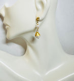 14 Karat Yellow Gold and Genuine Freshwater Pearl Dangle Push Back Post Earrings