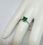 Vintage NOS 1990's Sterling Silver 6mm Square Created Emerald and Genuine Diamond Ladies Solitaire Ring