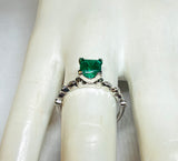 Vintage NOS 1990's Sterling Silver 6mm Square Created Emerald and Genuine Diamond Ladies Solitaire Ring