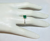 Vintage NOS 1990's Sterling Silver 6mm Square Created Emerald and Genuine Diamond Ladies Solitaire Ring