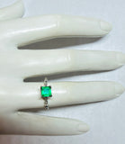 Vintage NOS 1990's Sterling Silver 6mm Square Created Emerald and Genuine Diamond Ladies Solitaire Ring