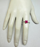 Vintage NOS 1990's Sterling Silver 6mm Square Created Ruby and Genuine Diamond Ladies Solitaire Ring