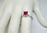 Vintage NOS 1990's Sterling Silver 6mm Square Created Ruby and Genuine Diamond Ladies Solitaire Ring