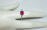 Vintage NOS 1990's Sterling Silver 6mm Square Created Ruby and Genuine Diamond Ladies Solitaire Ring