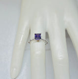 Vintage NOS 1990's Sterling Silver 6mm Square Genuine Amethyst and Diamond Ladies Solitaire Ring